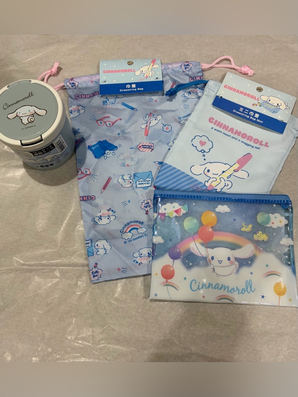 Sanrio Cinnamoroll Pastel Blue & Pink Pouch and Drawstring Bag Set